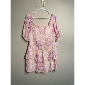 NWT Japna Pink Floral Square Neck Tiered Ruffle Dress Size Large Feminine
